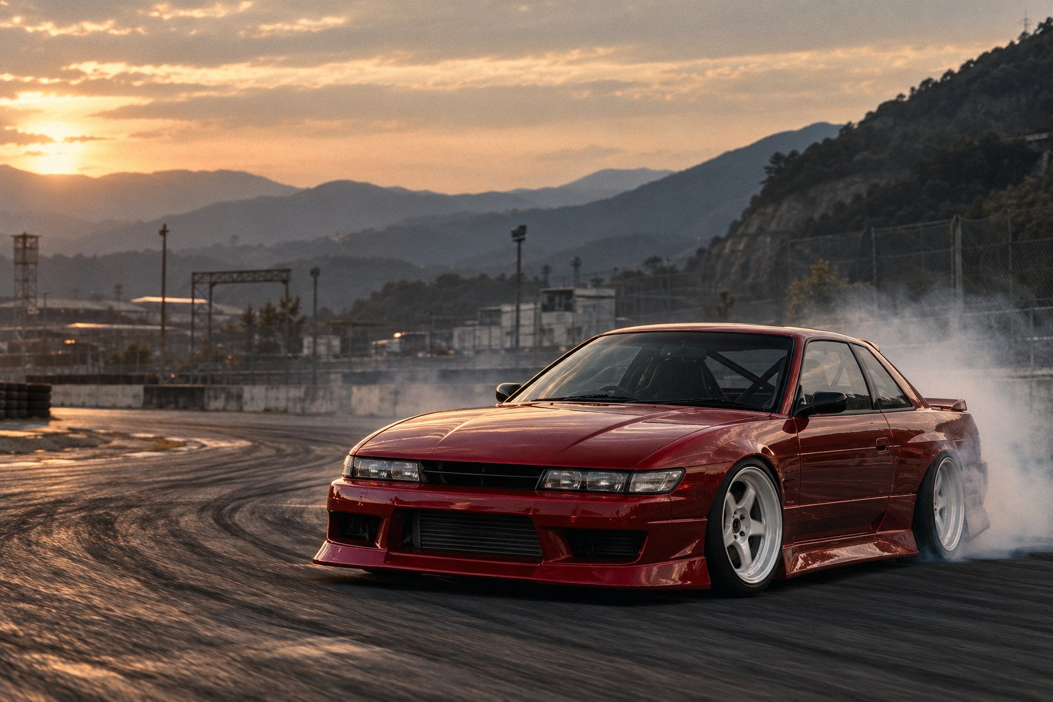 Red Japanese drift coupe at a mountain circuit at sunset